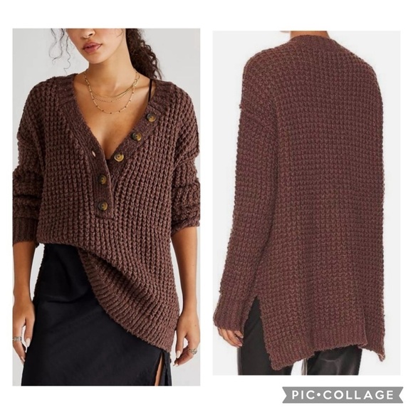 Free People Sweaters - FREE PEOPLE LADIES BROWN WHISTLE THERMAL HENELY JUMPER Sweater SIZE XS